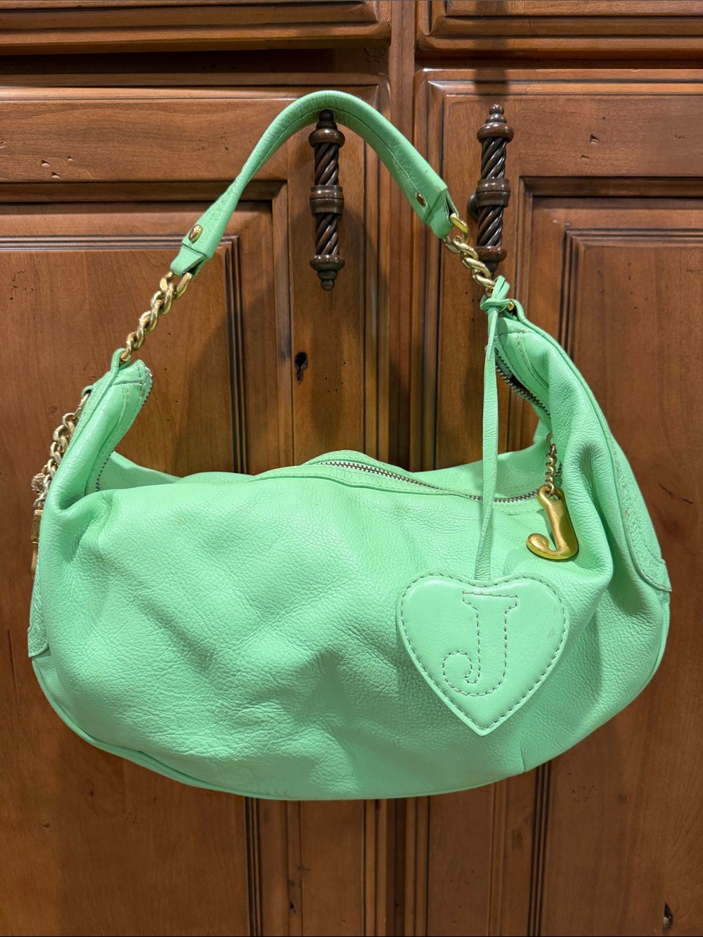 Juicy Couture Mint Green Leather Shoulder Bag with Heart Charm